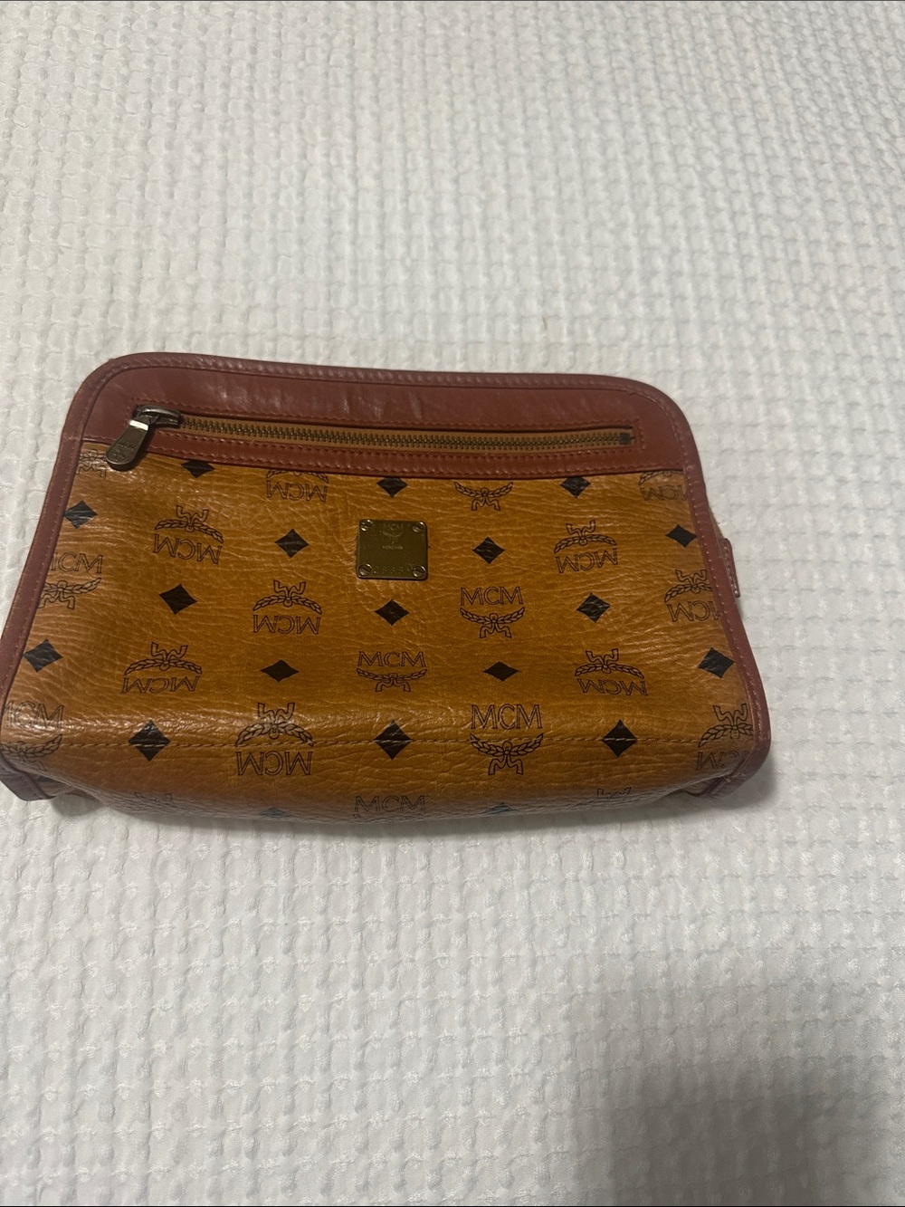 Vintage MCM Cognac Logo Print Toiletry Pouch with Brown Trim
